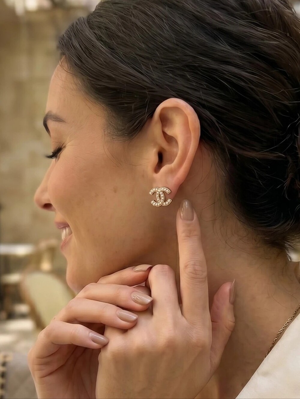 Gold Pearl CC Logo Stud Earrings